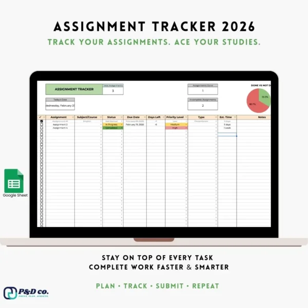 Assignment tracker template mockup for organizing student homework and academic deadlines